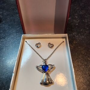 Silver Angel Pendant Necklace and Earring Set